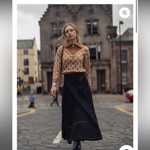 Seamed Full Circle Denim Skirt-Black